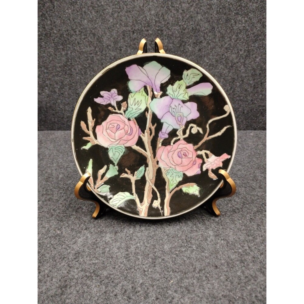 Beautiful Cloisonne Floral Rose Decorative Plate Toyo Pink Purple Black w/ Stand